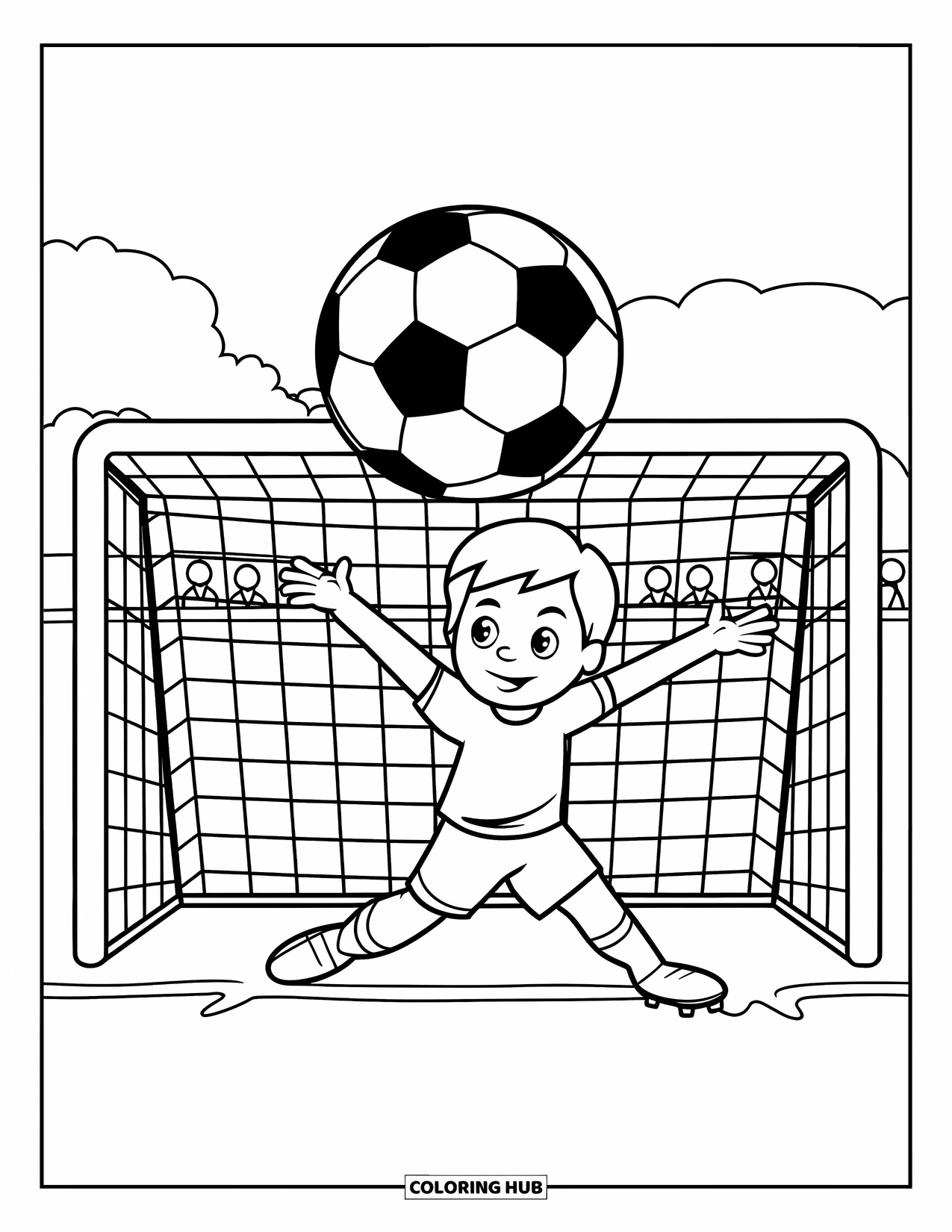 Desen de colorat cu fotbal pentru copii: Un portar se întinde în sus, cu ochii concentrați pe minge deasupra