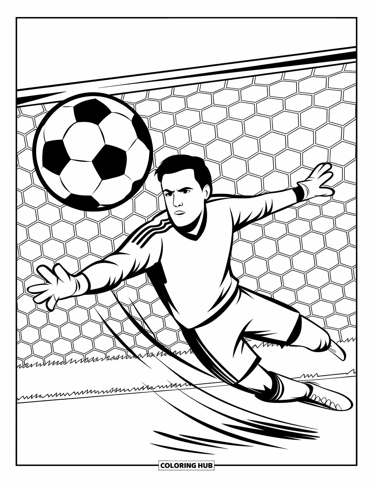 Desen de colorat cu fotbal pentru copii: Un portar se aruncă cu concentrare în timp ce mingea zboară prin aer spre plasă