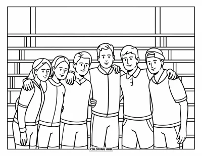Coloriage de foot pour enfants : Un groupe d’amis se rassemble en tenue, avec un stade et des tribunes derrière eux