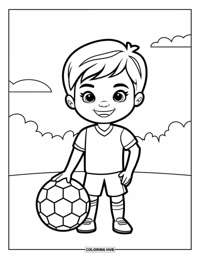 Coloriage de foot pour enfants : Un enfant heureux se tient sur le terrain avec un ballon à ses pieds