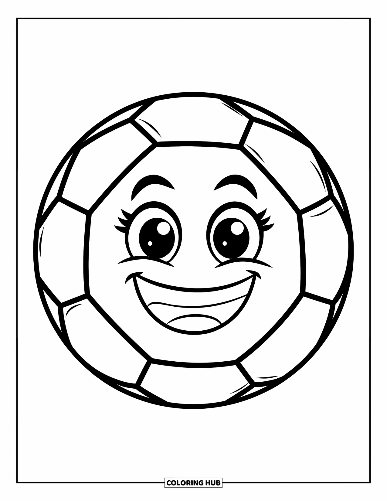 Desen de colorat cu fotbal pentru copii: O minge de fotbal cu fața fericită zâmbește cu ochi mari și strălucitori