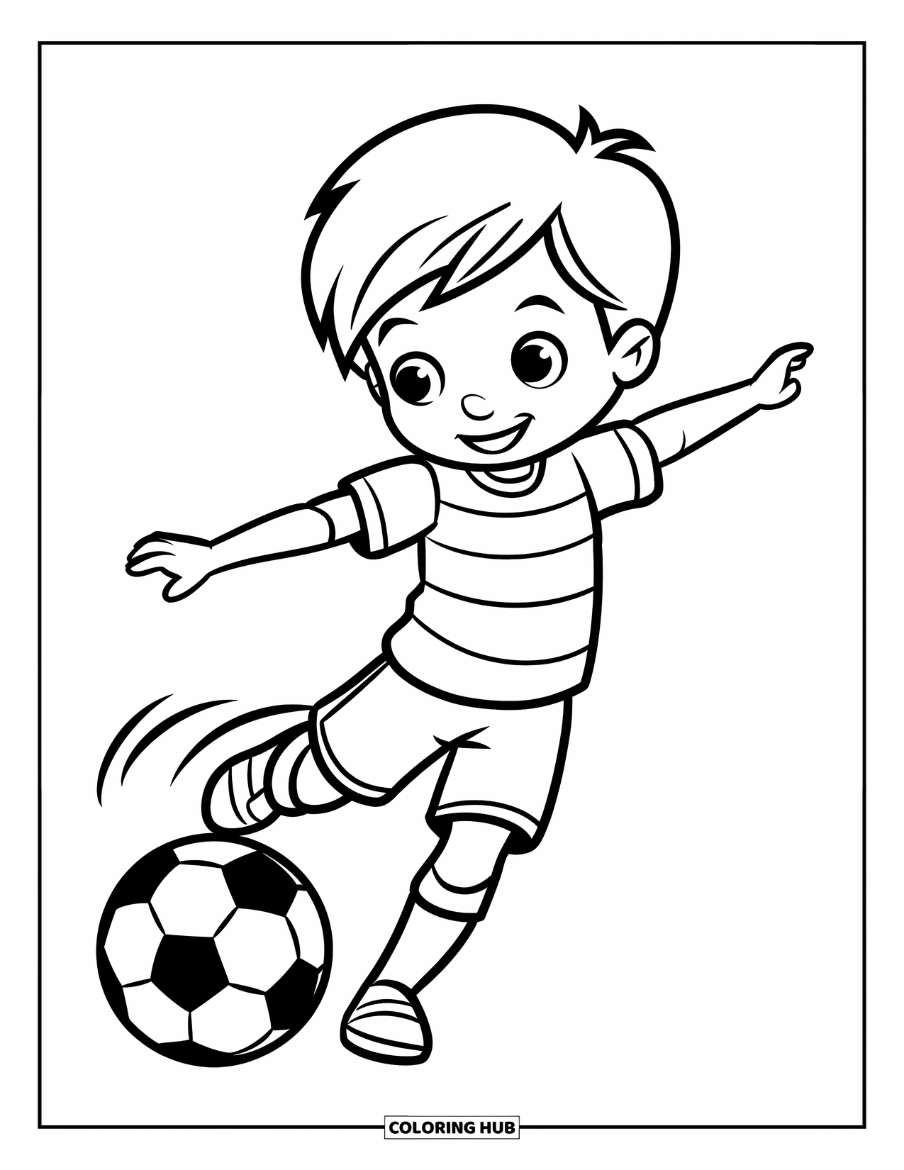 Desen de colorat cu fotbal pentru copii: Un copil bucuros lovește mingea cu brațele întinse larg