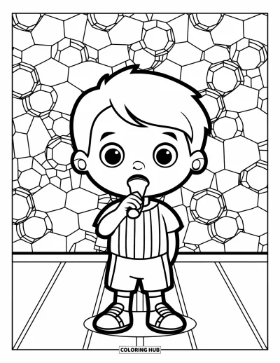 Coloriage de foot pour enfants : Un jeune arbitre se tient sur un terrain rayé entouré de ballons de foot, en sifflant