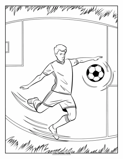 Coloriage de foot pour enfants : Un joueur frappe le ballon en l’air, et des lignes de mouvement montrent sa trajectoire