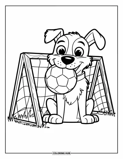 Coloriage de foot pour enfants : Un chien joueur est assis près du poteau de but avec un ballon dans la gueule