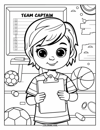 Coloriage de foot pour enfants : Un enfant aux cheveux courts avec une planchette se tient près d’un tableau et d’équipements éparpillés