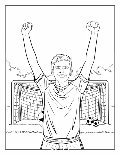 Coloriage de foot pour enfants : Un adolescent aux cheveux courts célèbre un but, bras levés, près d’un poteau et de ballons éparpillés
