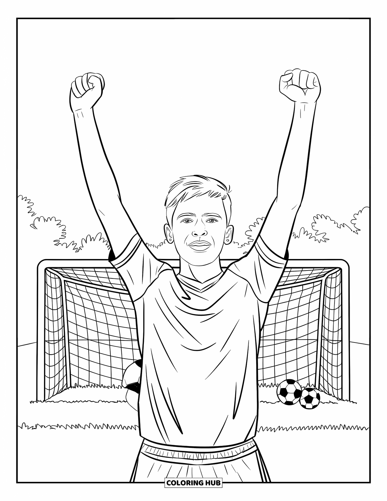 Desen de colorat cu fotbal pentru copii: Un adolescent cu părul scurt sărbătorește un gol cu brațele ridicate lângă o bară de poartă și mingi împrăștiate