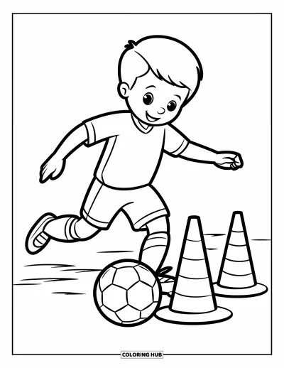 Coloriage de foot pour enfants : Un enfant souriant dribble entre des cônes sur le terrain pendant l’entraînement de foot