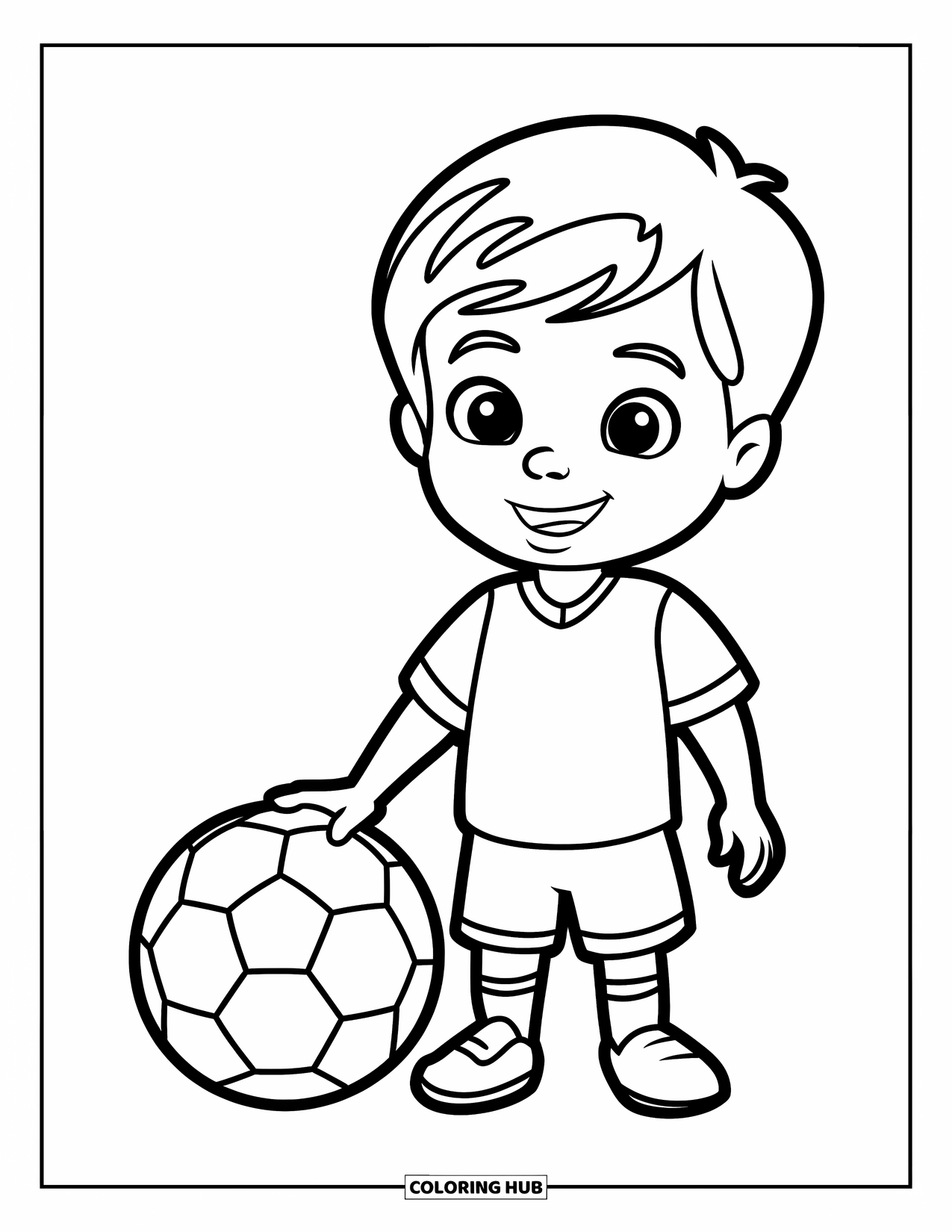 Desen de colorat cu fotbal pentru copii: Un copil zâmbitor stă drept lângă o minge de fotbal