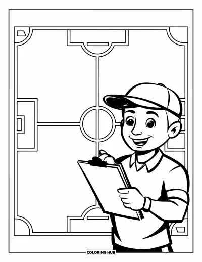 Coloriage de foot pour enfants : Un entraîneur souriant montre un terrain de foot marqué avec 
