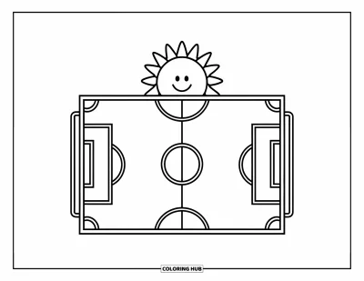 Coloriage de foot pour enfants : Un soleil souriant brille au-dessus d’un terrain de foot avec des buts et un ballon au centre