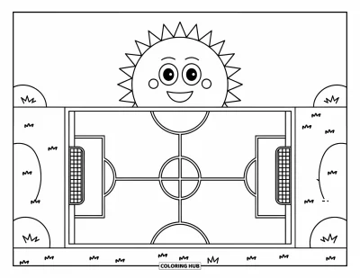 Coloriage de foot pour enfants : Un soleil souriant aux grands yeux flotte au-dessus d’un terrain avec des poteaux et des collines herbeuses