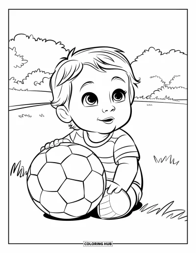 Coloriage de foot pour enfants : Un tout-petit souriant est assis près d’un ballon de foot avec des arbres au loin