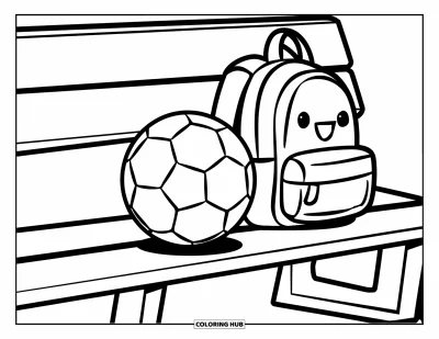 Coloriage de foot pour enfants : Un ballon de foot et un sac à dos reposent tranquillement sur un banc