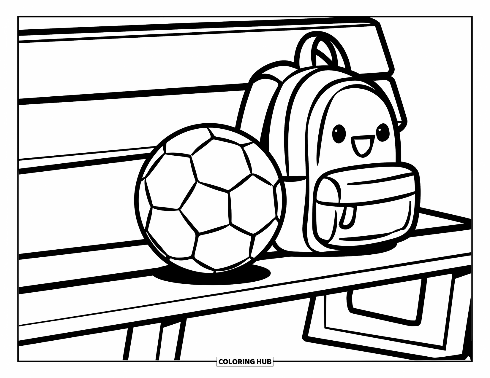 Desen de colorat cu fotbal pentru copii: O minge de fotbal și un rucsac se odihnesc liniștit pe o bancă