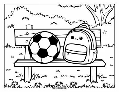 Coloriage de foot pour enfants : Un ballon de foot et un sac à dos sont posés sur un banc près d’un arbre et de fleurs