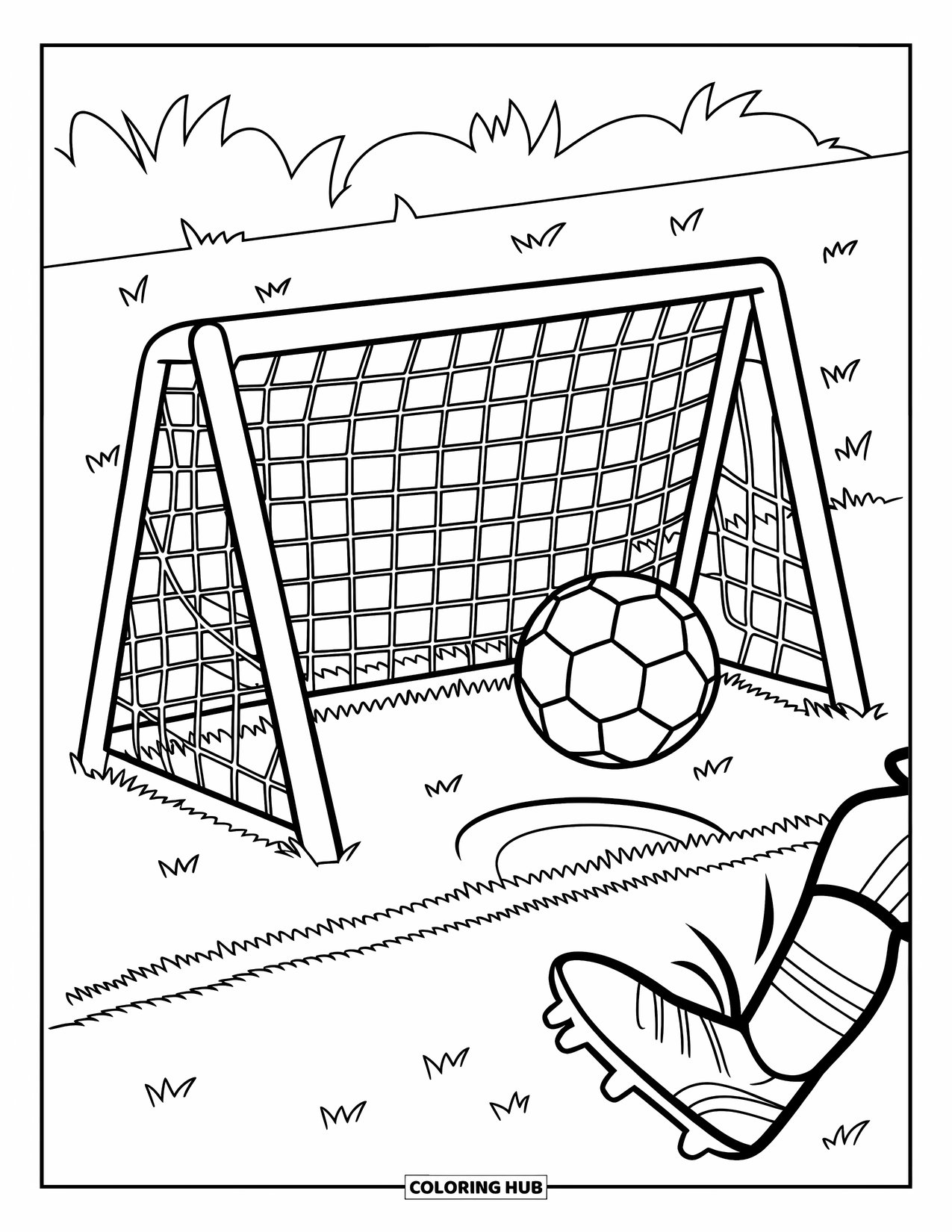 Desen de colorat cu fotbal pentru copii: O minge de fotbal zboară spre plasă în timp ce apare un picior