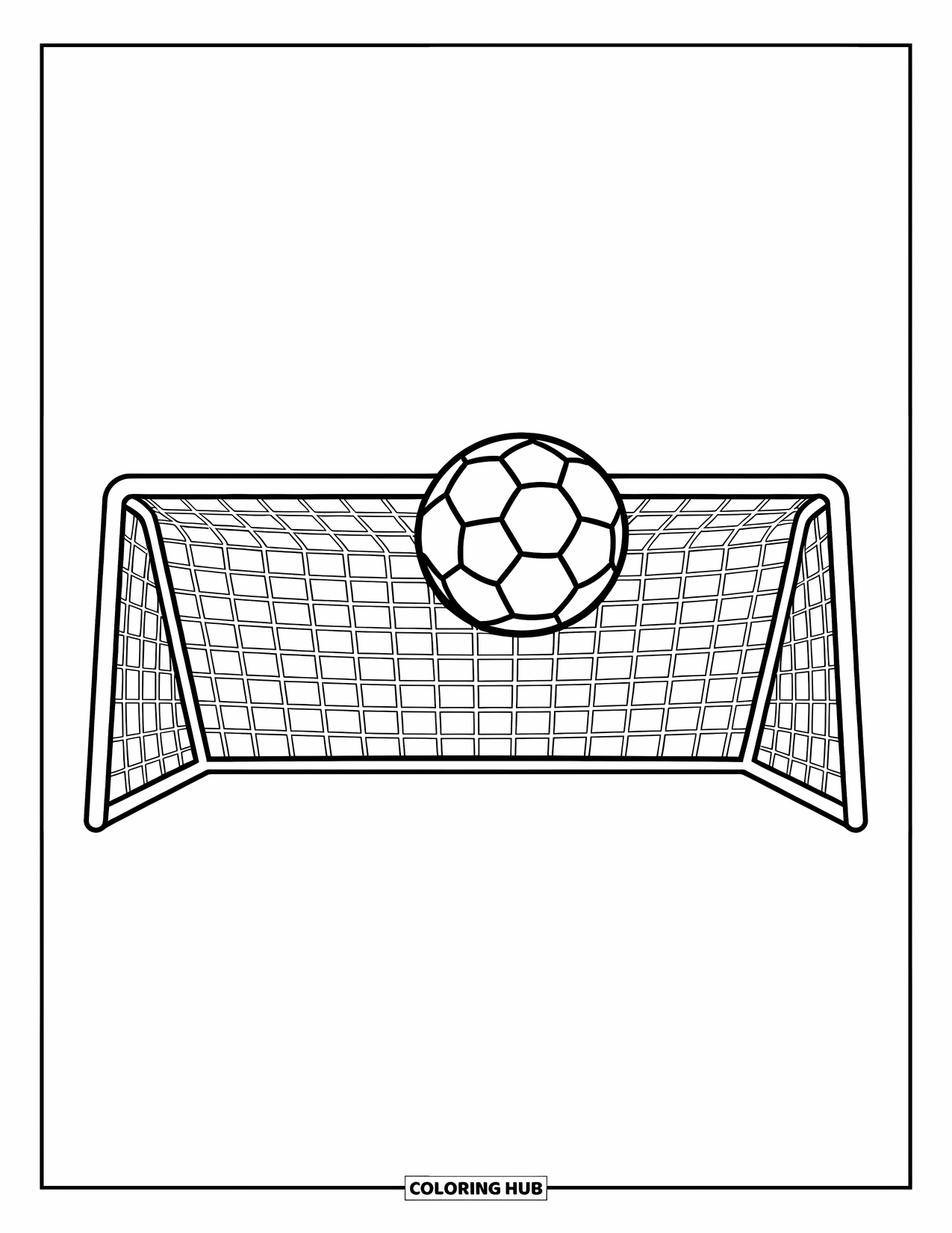 Desen de colorat cu fotbal pentru copii: O minge de fotbal atârnă în aer, chiar înainte de a lovi poarta