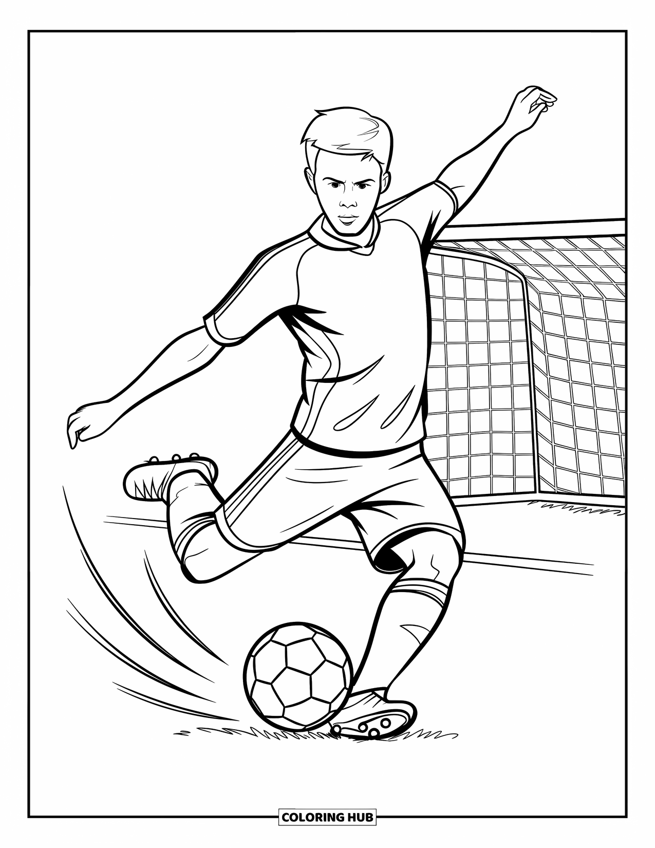 Desen de colorat cu fotbal pentru copii: Un jucător de fotbal lovește o minge dungată cu o plasă și o bară de poartă în fundal