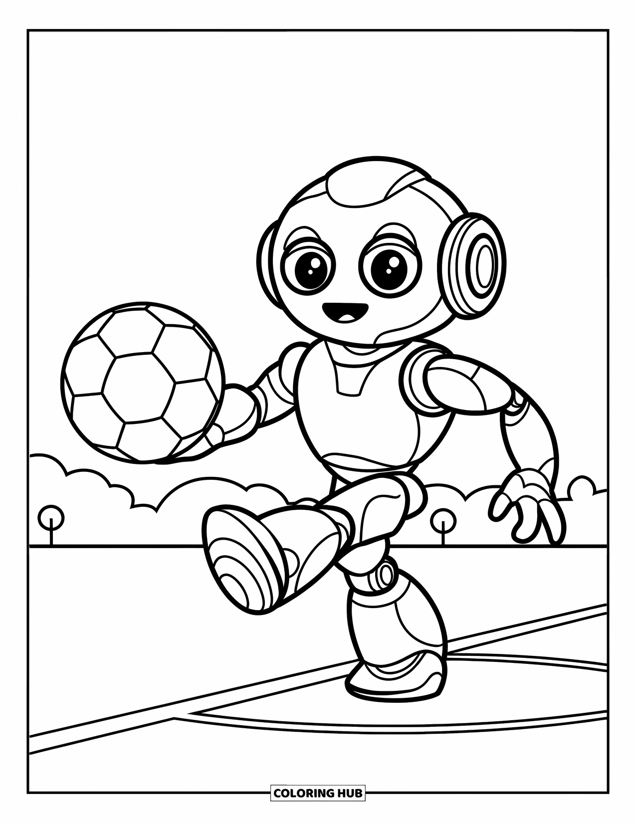 Desen de colorat cu fotbal pentru copii: Un robot de fotbal cu un cap pătrat pasează mingea unui coechipier pe un teren mic