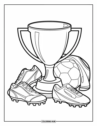 Coloriage de foot pour enfants : Un trophée de foot est au centre avec des crampons, un ballon et un maillot drapé