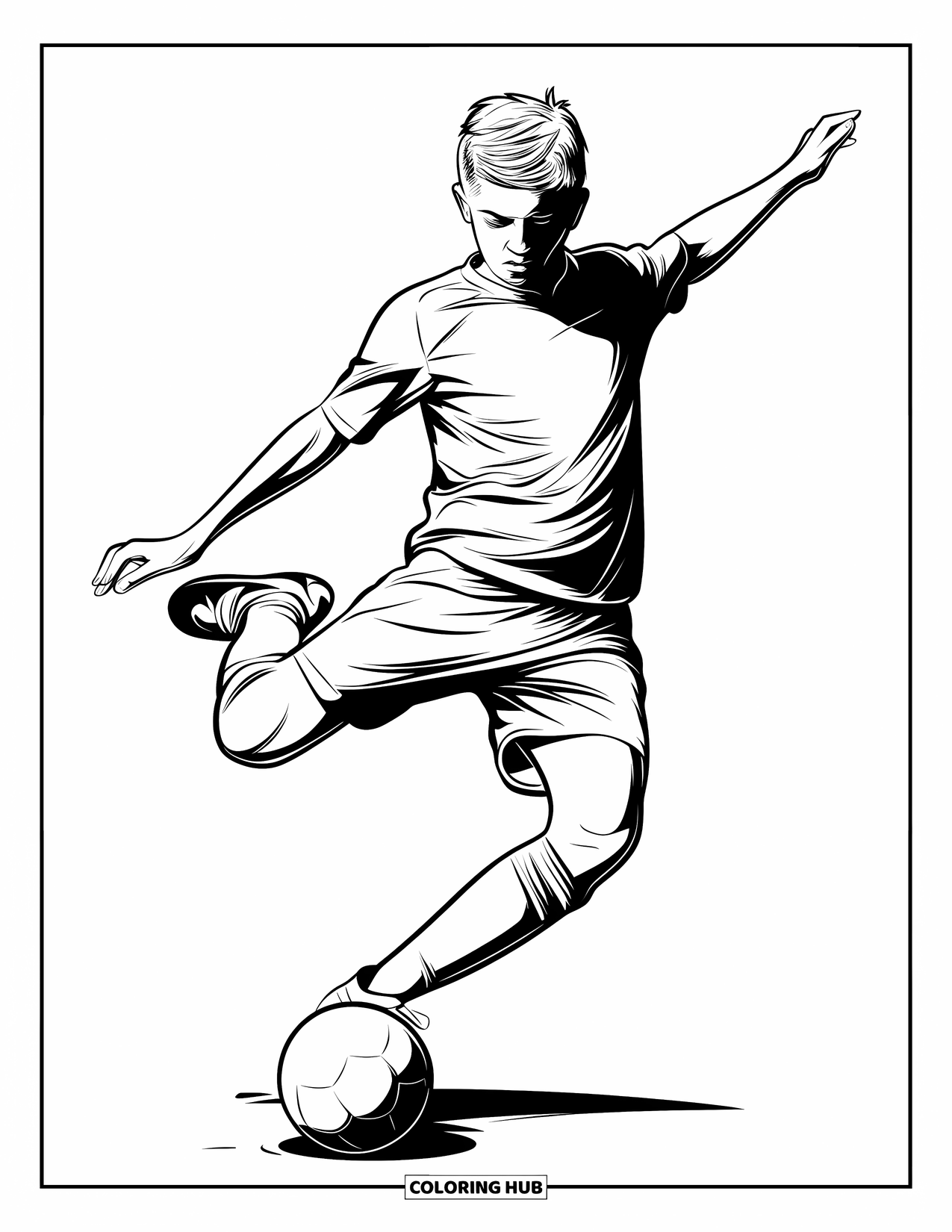 Desen de colorat cu fotbal pentru copii: Un adolescent echilibrează o minge de fotbal cu un picior în timp ce execută trucuri freestyle