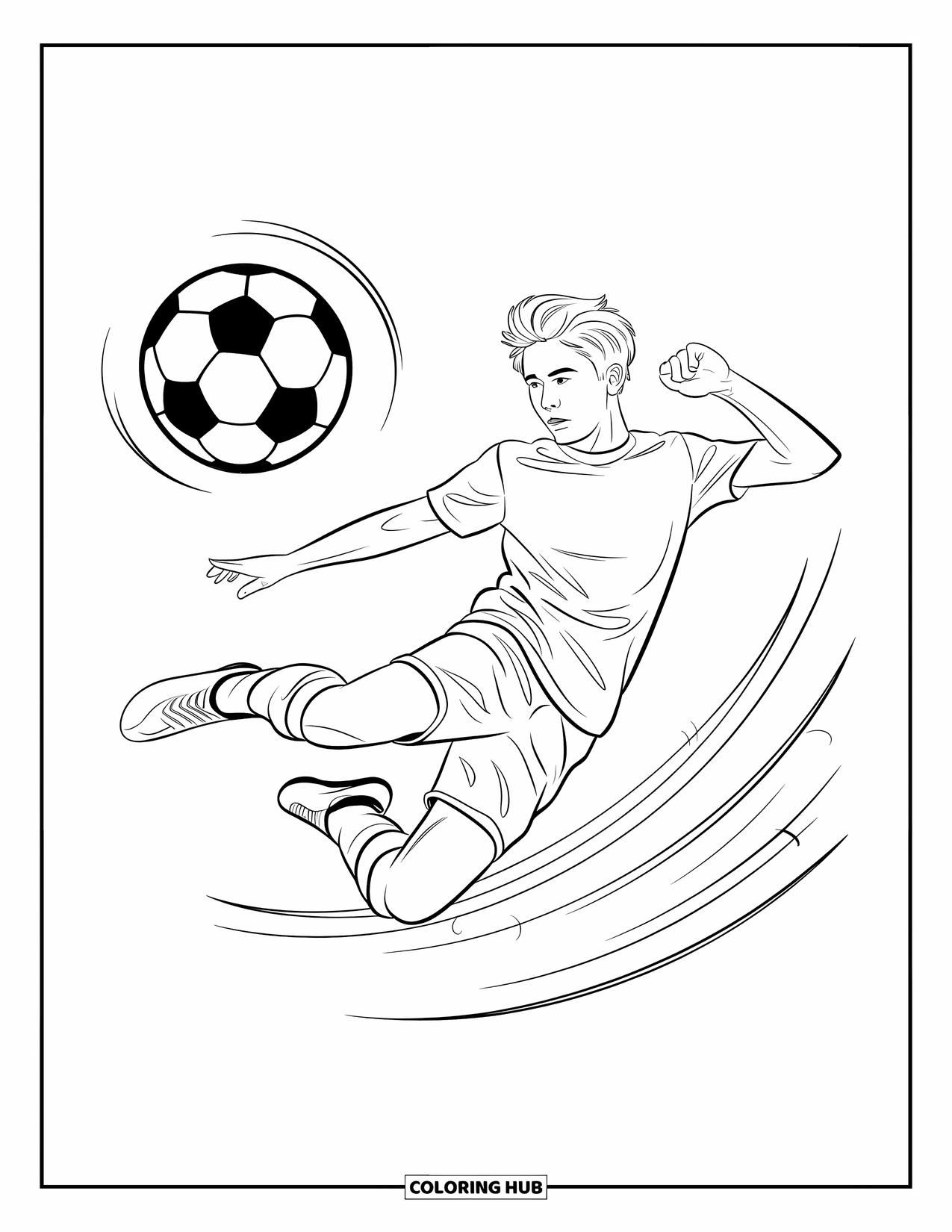Desen de colorat cu fotbal pentru copii: Un adolescent se lansează într-o lovitură acrobatică în timp ce mingea zboară cu urme de mișcare