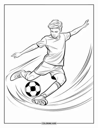 Coloriage de foot pour enfants : Un adolescent réalise un retourné acrobatique en l’air, avec des lignes dynamiques derrière le ballon