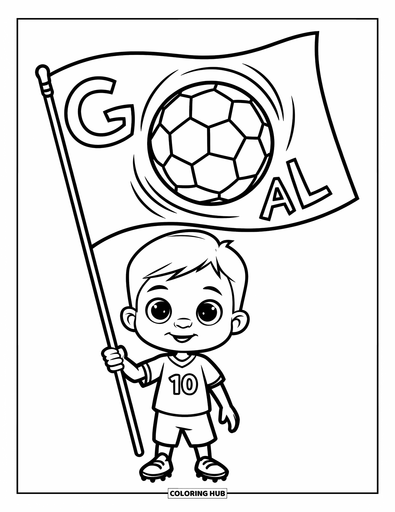 Desen de colorat cu fotbal pentru copii: Un copil mic ține un steag cu o minge de fotbal și cuvântul „GOAL” pe el