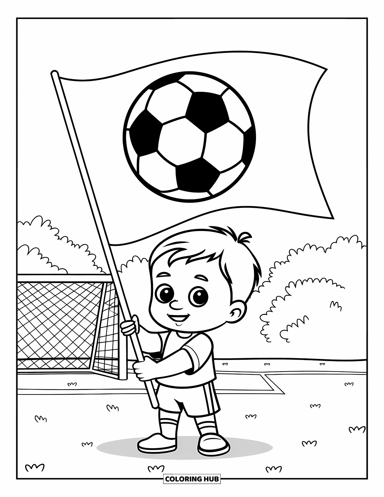 Desen de colorat cu fotbal pentru copii: Un copil mic flutură un steag pe un teren lângă o bară de poartă și copaci