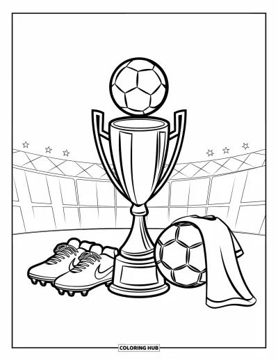 Coloriage de foot pour enfants : Un trophée se dresse fièrement, entouré de crampons, d’un ballon et d’un maillot