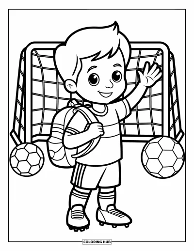 Coloriage de foot pour enfants : Un enfant en uniforme et en crampons fait signe après l’entraînement près de ballons et de poteaux de but