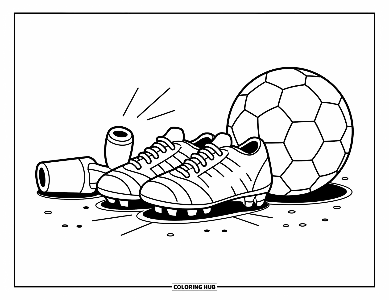 Desen de colorat cu fotbal pentru copii: Un fluier sună lângă ghete și o minge de fotbal pe teren