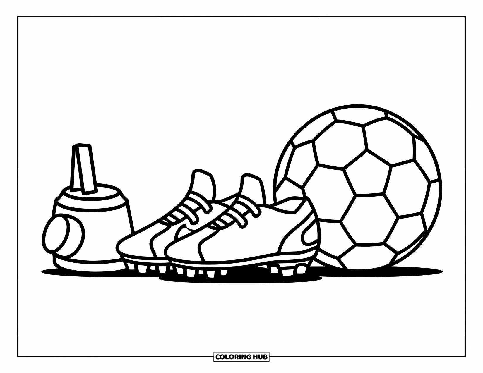 Desen de colorat cu fotbal pentru copii: Un fluier, ghete și o minge sunt aliniate ordonat pe pământ