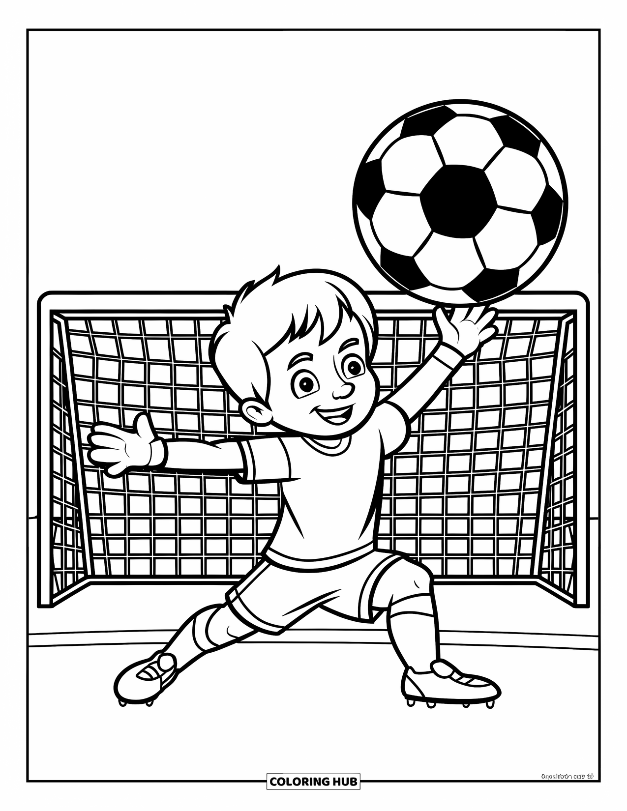 Desen de colorat cu fotbal pentru copii: Un portar tânăr se întinde să oprească mingea lângă poartă