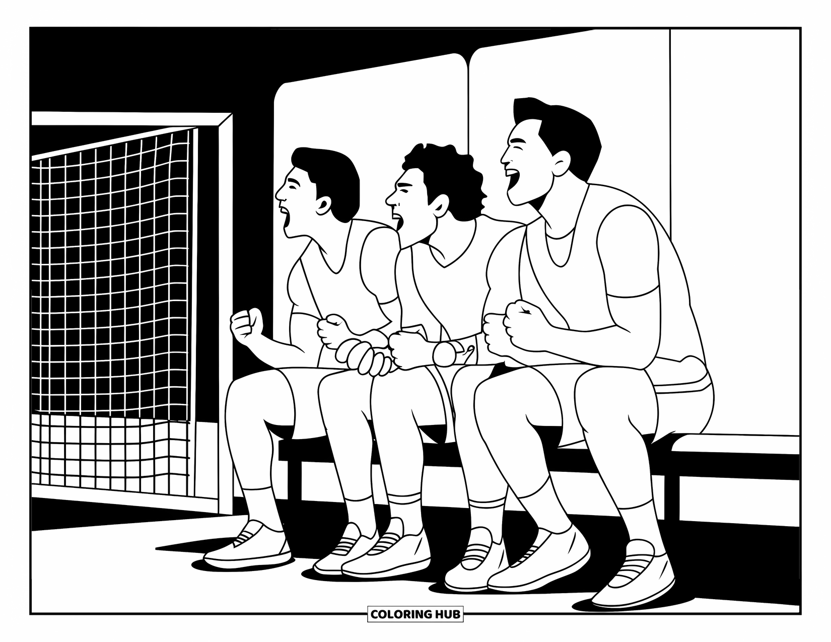 Desen de colorat cu fotbal pentru copii: Jucătorii de pe bancă aplaudă în timp ce coechipierul lor marchează lângă o bară de poartă și un perete alb