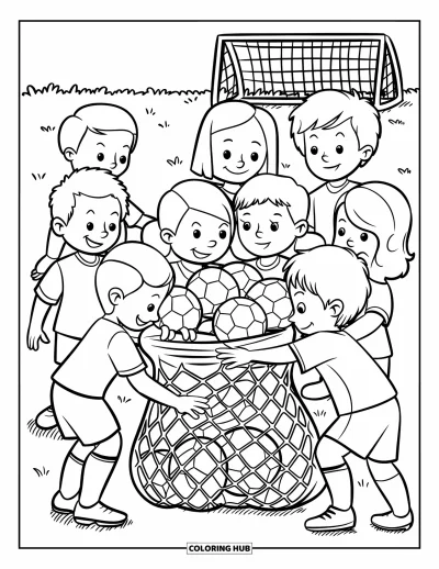 Coloriage de foot pour enfants : Des enfants ramassent des ballons dans un sac-filet près de poteaux de but sur un terrain herbeux
