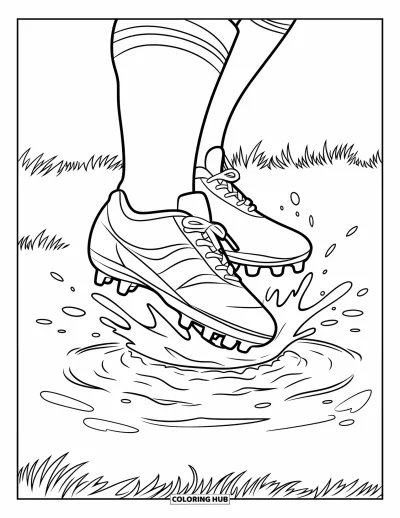 Coloriage de foot pour enfants : Des chaussures à crampons projettent de l’eau en traversant une petite flaque sur le terrain