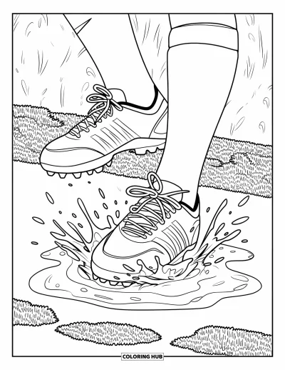 Coloriage de foot pour enfants : Des crampons éclaboussent une flaque moussue en mouvement près d’un mur texturé