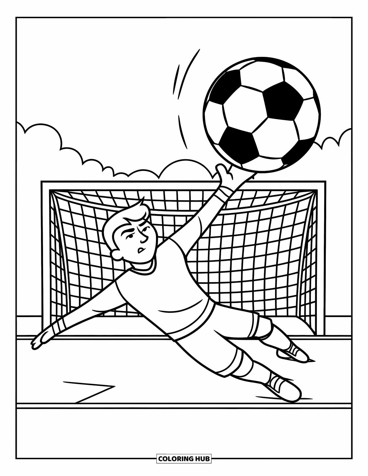 Desen de colorat cu fotbal pentru copii: Cu ochii închiși, un portar se aruncă spre minge cu barele porții în spate, pe teren