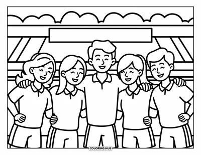 Coloriage de foot pour enfants : Des amis en tenue de sport partagent un rassemblement d’équipe, les yeux fermés, sous une bannière du stade