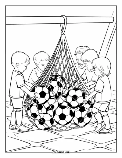 Coloriage de foot pour enfants : Des enfants en uniforme ramassent des ballons près d’un poteau en bois sur un sol à motifs