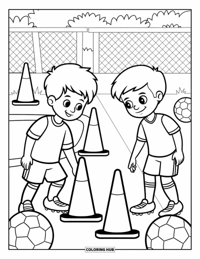 Coloriage de foot pour enfants : Des enfants placent des cônes et des repères sur un terrain herbeux entouré d’une clôture