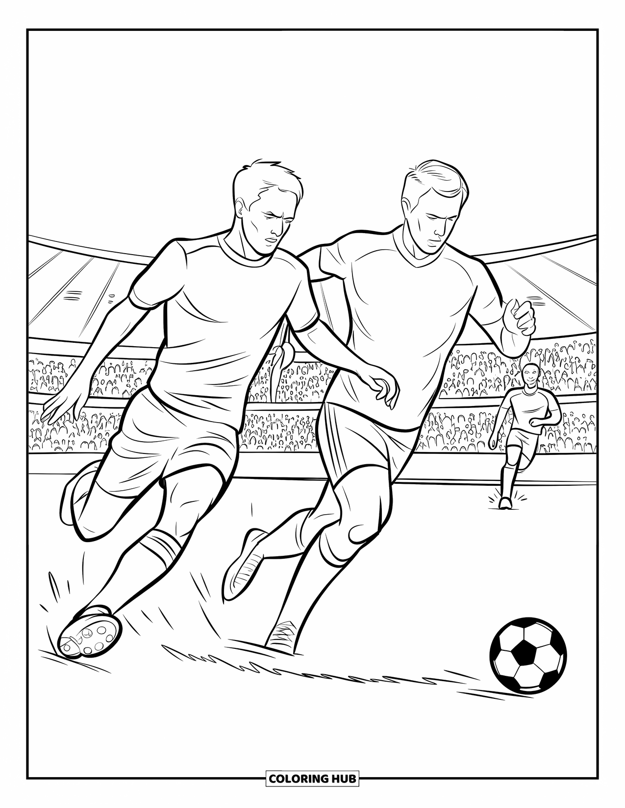 Desen de colorat cu fotbal pentru copii: Jucători adversari se întrec pentru minge în timpul unui meci în fața unei mulțimi de stadion