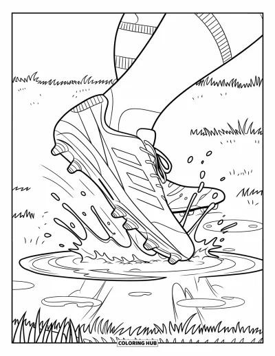 Coloriage de foot pour enfants : Des crampons éclaboussent une flaque en plein jeu sur un terrain herbeux