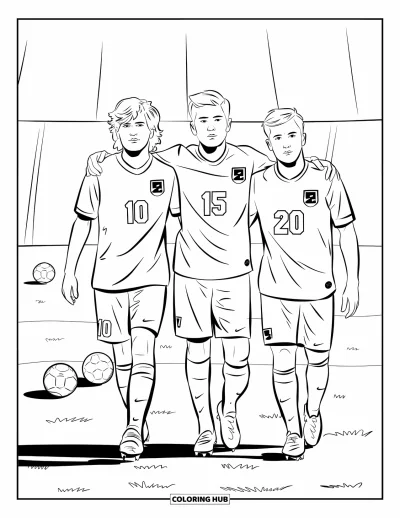 Coloriage de foot pour enfants : Trois joueurs numérotés quittent le terrain ensemble, en passant près de ballons devant un stade blanc