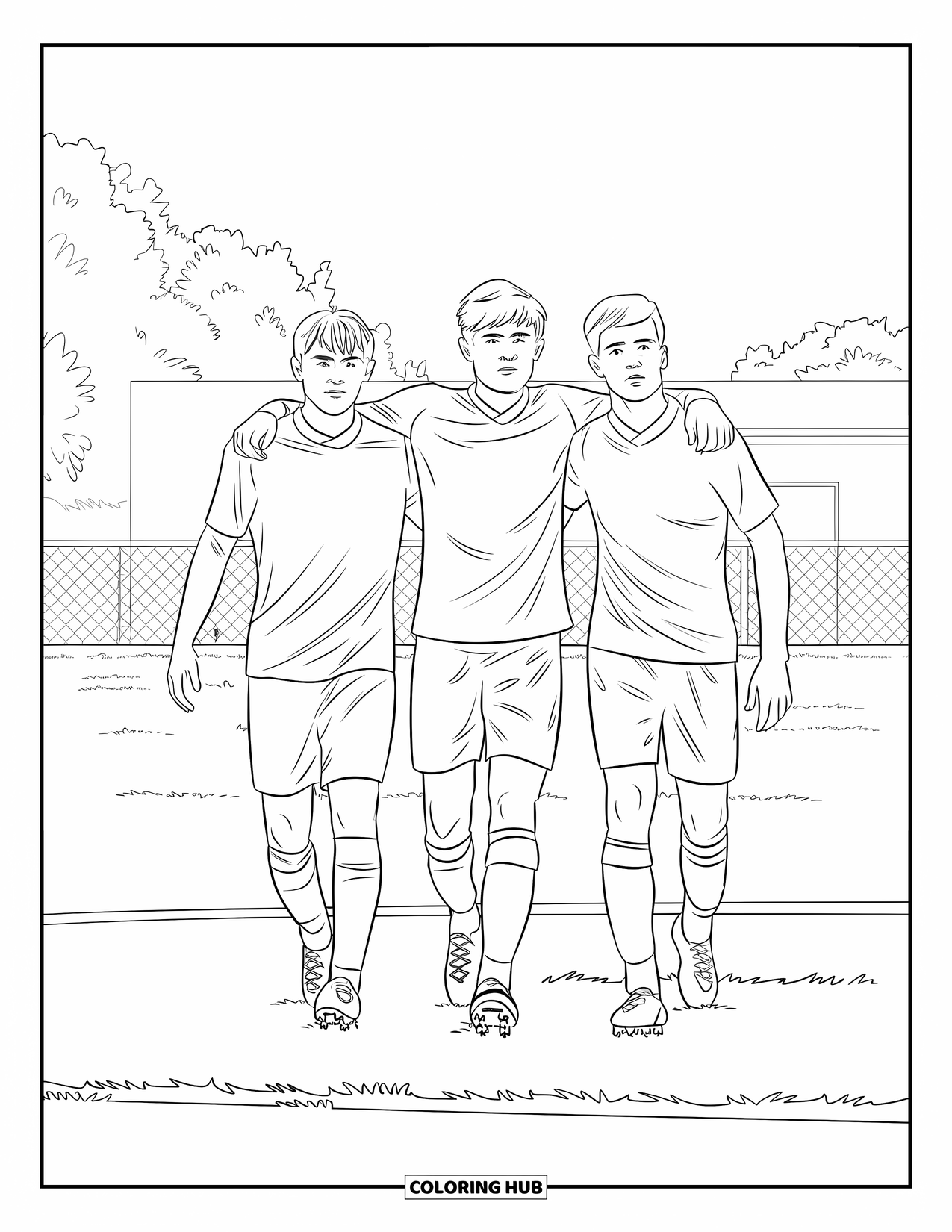 Desen de colorat cu fotbal pentru copii: Trei jucători adolescenți ies împreună de pe teren după un joc lângă copaci și clădiri