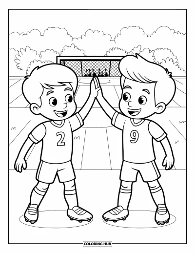 Coloriage de foot pour enfants : Deux enfants se tapent dans la main après un but sur un terrain avec des buts et une foule enthousiaste