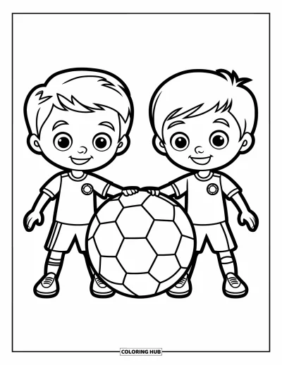 Coloriage de foot pour enfants : Deux enfants en uniforme se préparent pour le coup d’envoi